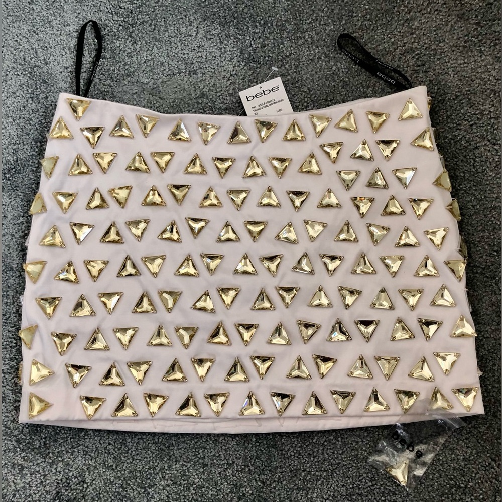 NEW BEBE micro mini winter cream gold triangle beaded beads super short skirt 8